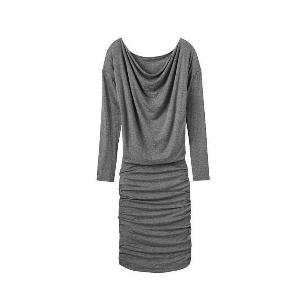 Athleta Solstice Cowl Long Sleeve Heather Gray Ruched Dress MP Medium Petite NWT
